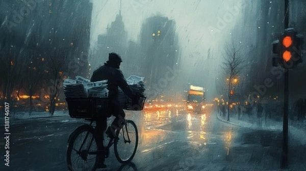 Obraz Cityscape Impression: Cyclist Delivering Newspapers on a Wet Morning Commute