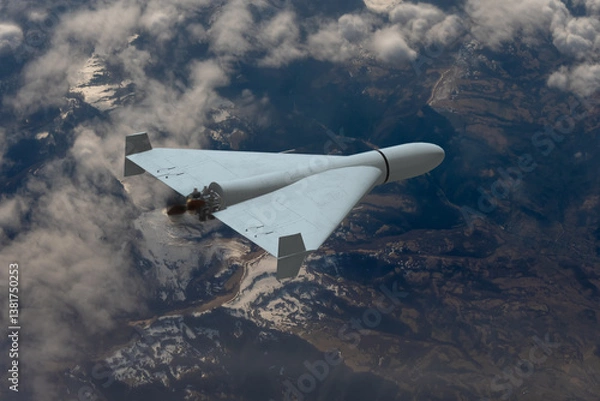 Obraz A tactical strike drone over the ground, a modern combat drone moving at high speeds