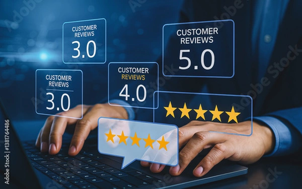 Fototapeta A business professional analyzes customer reviews on a laptop, displaying various ratings to gauge service quality and customer satisfaction.