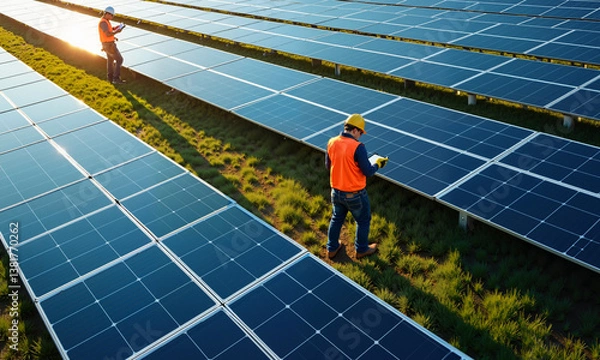 Obraz Engineers Inspecting Solar Panels Green Field