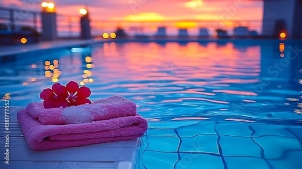 Fototapeta Pink towels and flowers sit by a shimmering pool