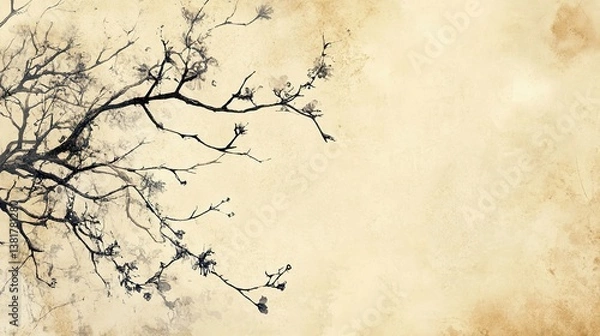 Fototapeta Delicate floral artistry on vintage parchment background, with blooming branches