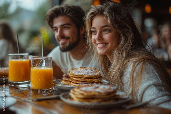 Fototapeta Family sitting together at breakfast table eating pancakes and drinking orange juice with smiles exchanged. Concept of shared routines.