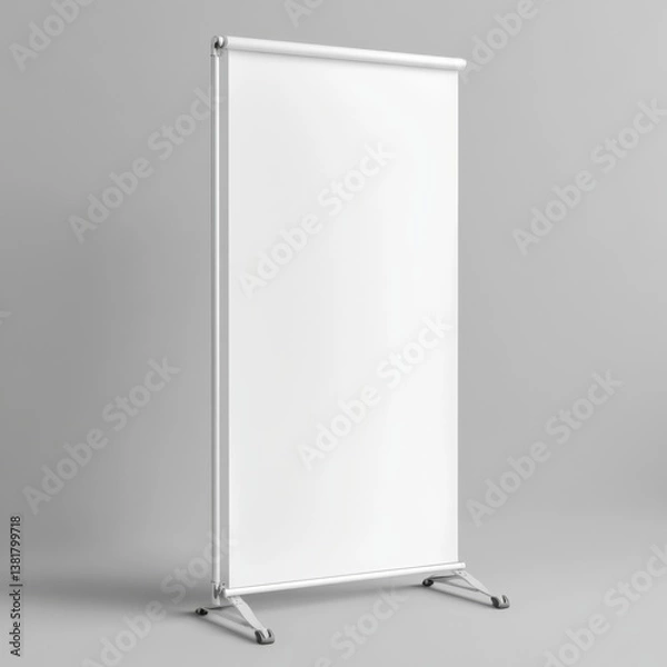 Fototapeta Blank white roll-up banner with metal stand on gray background