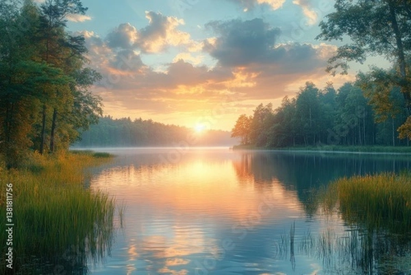 Obraz Lakeside Sunset Reflection with Reeds and Lush Trees in Spring Evening Sky