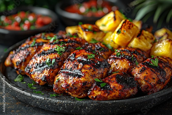 Fototapeta A platter of jerk chicken with grilled pineapple and Scotch bonnet sauce. Concept of Caribbean spice and tropical heat.