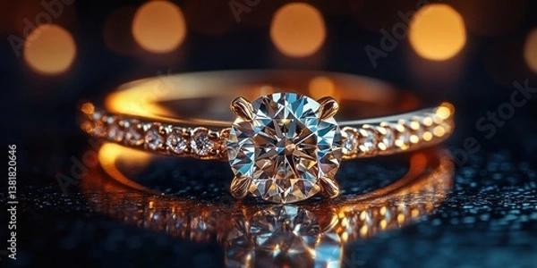 Fototapeta Gold diamond ring on reflective surface with soft focus blue background 3d rendering