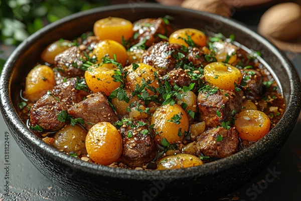 Fototapeta A Moroccan tagine with apricots, almonds, and tender lamb. Concept of slow-cooked meals and spice-infused cuisine.