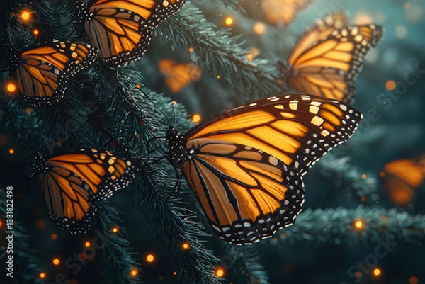 Obraz A monarch butterfly cluster hanging from oyamel fir branches in a Mexican forest. Concept of migration miracles and fragile ecosystems.