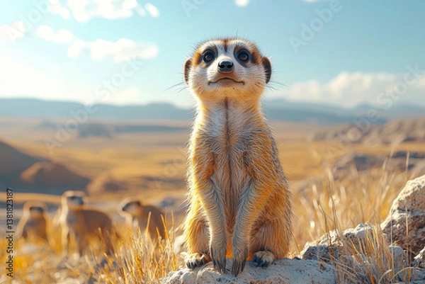 Fototapeta A meerkat standing sentinel atop a desert mound while others forage. Concept of vigilance and cooperative societies.