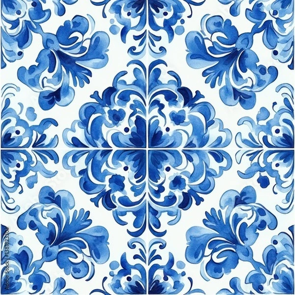 Fototapeta Seamless Watercolor Blue and White Tile Pattern Inspired by Portuguese Azulejo Art