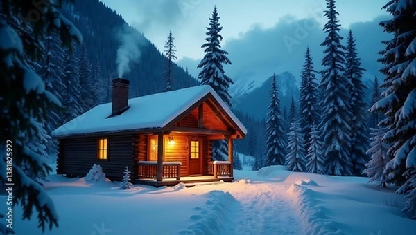 Fototapeta A cozy wooden cabin in a snowy forest at dusk, glowing warmly from the inside. The winter landscape is covered in fresh snow, with tall pine trees surrounding the peaceful retreat