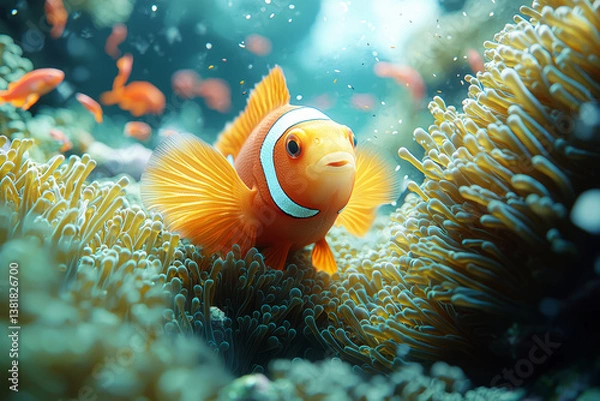 Fototapeta A clownfish peeking through anemone tendrils in a coral reef. Concept of symbiotic relationships and oceanic microhabitats.