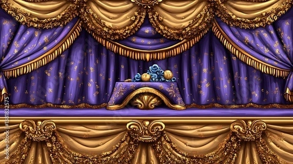 Obraz An ornate purple and gold stage backdrop with floral arrangement