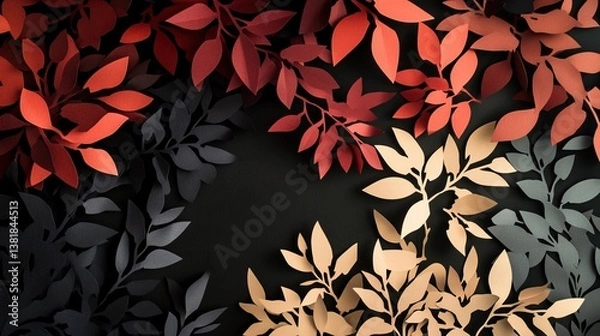Fototapeta A layered composition of cut paper tree leaves in various autumn shades on black