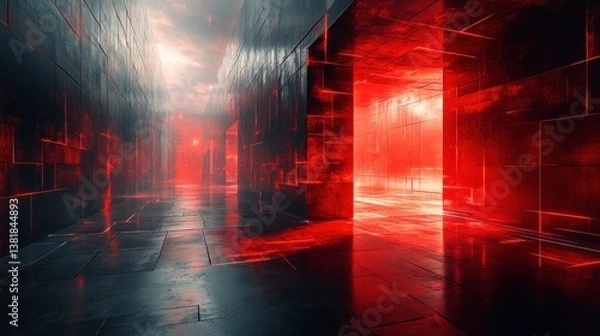 Fototapeta Dynamic Abstract Geometric Background with Vibrant Red and Black Colors and Futuristic Light Effects