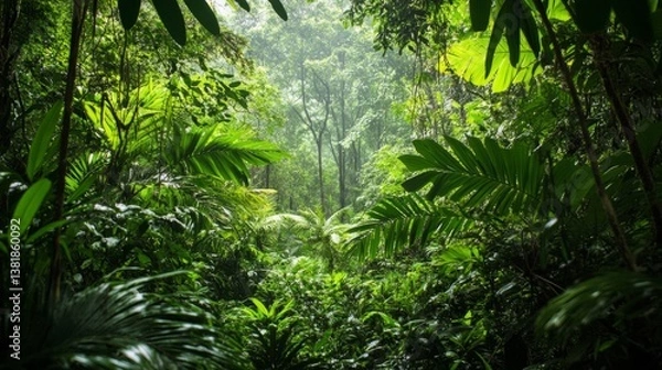 Fototapeta Lush green jungle canopy, thick leaves covering the view, creating a peaceful natural setting generative ai