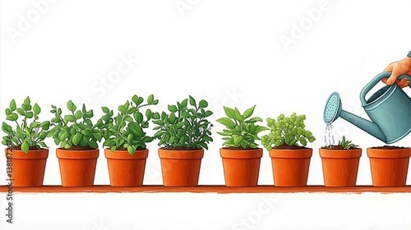 Obraz Stylized illustration gardening and watering plants in terra cotta pots using a blue watering can. Isolated on a white background