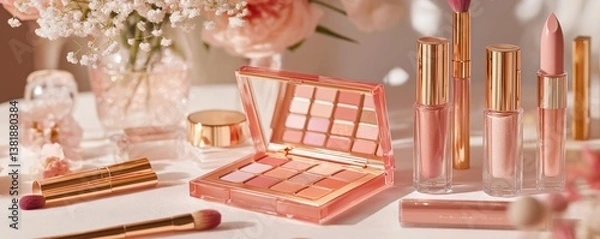 Fototapeta Beauty still life with cosmetic items in soft pink and gold tones,