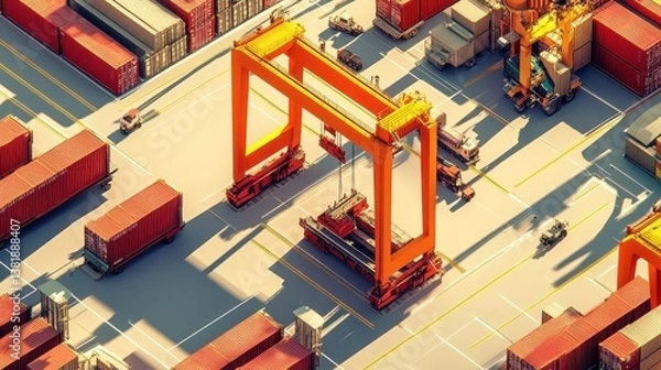 Fototapeta Shipping container yard with cranes loading cargo flat design top view global trade theme 3D render Split-complementary color scheme.