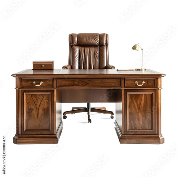 Fototapeta Elegant Executive Wooden Desk with Leather Chair Perfect for Home Office or Study