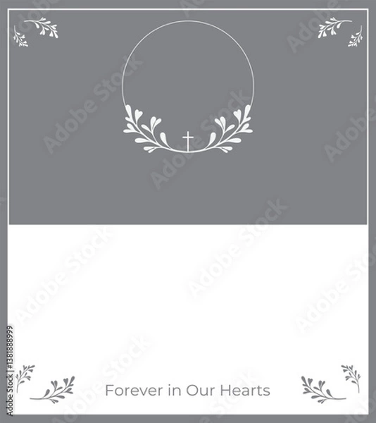 Obraz Funeral card. Empty card with grey and white background. Photo frame with leaves. 