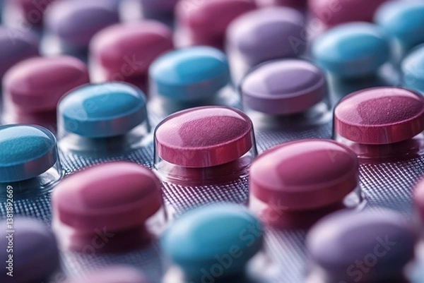 Fototapeta Close up view of colorful pills in a blister pack