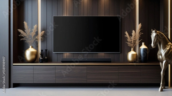 Fototapeta AI Generative. 3d render of blank television, TV panel, credenza design with dark wood background for home theater set up. 37