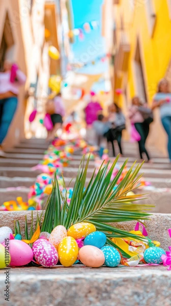 Obraz Festive easter in spain: close-up of decorated palm branch with colorful eggs on steps
