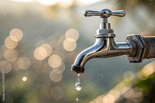 Fototapeta stary kran z kapiącą wodą,Brass water tap in nature background,The Tap With Dropping Water,Concetto di spreco delle risorse idriche, fonte nel desrto con poca acqua, rubinetto che perde acqua, spreco 
