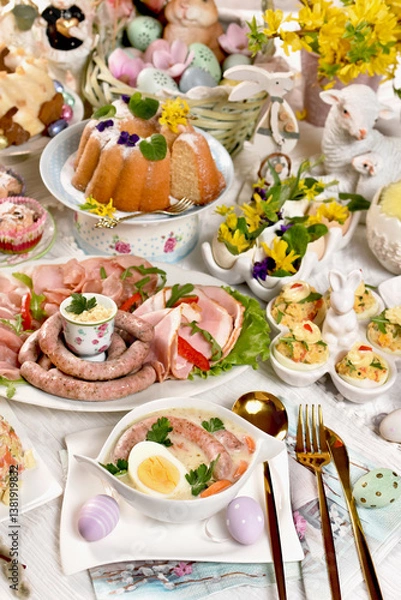 Obraz Easter table with traditional dishes and pastries
