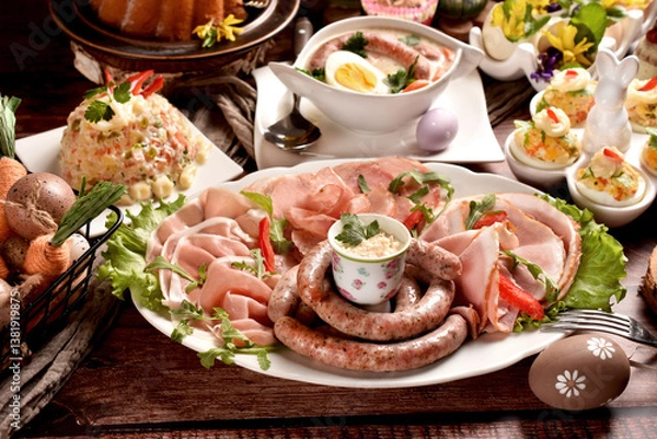 Obraz Easter breakfast with a plate of cold cuts, deviled eggs and vegetable salad on wooden table