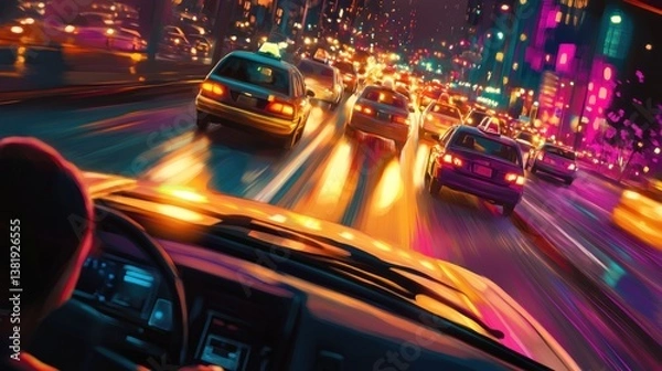 Obraz Driving at Night in City with Vibrant Lights and Traffic