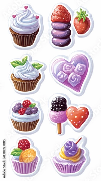 Fototapeta Assorted sweet treats cupcakes, macarons, heart-shaped candies, and fruit. generative ai