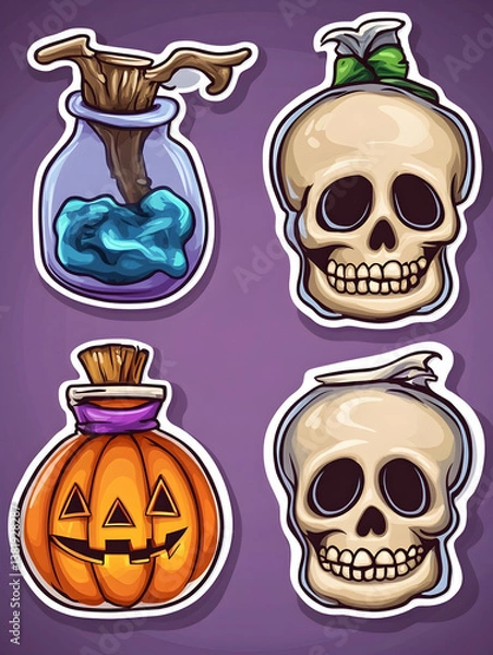 Fototapeta Cartoon Halloween stickers potion bottle, skull, pumpkin. generative ai