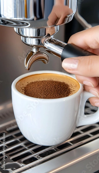 Fototapeta Espresso pouring into a white cup from a professional machine. generative ai