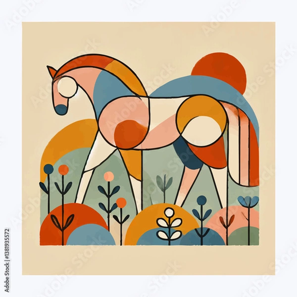 Fototapeta A minimalist illustration of a horse in a meadow, composed of organic shapes in warm pastel tones. Flat, abstract design evokes calm and harmony in a modern, cozy style.
