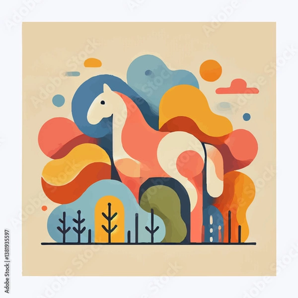 Fototapeta A minimalist illustration of a horse in a meadow, composed of organic shapes in warm pastel tones. Flat, abstract design evokes calm and harmony in a modern, cozy style.