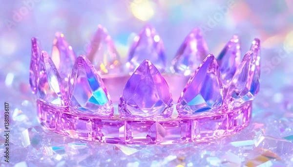 Fototapeta Sparkling purple crystal crown on iridescent background. generative ai