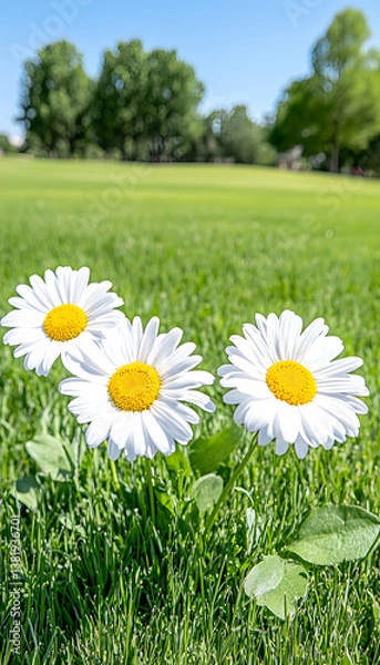 Fototapeta Three white daisies in a sunny green field. generative ai