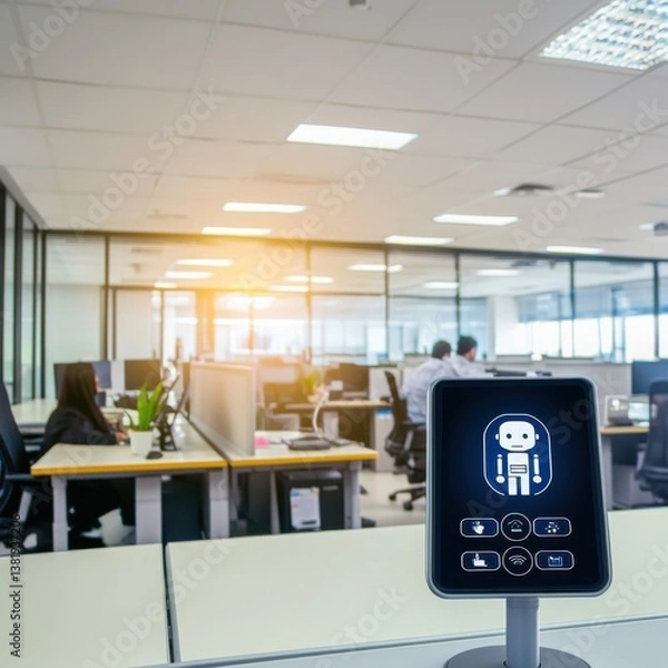 Fototapeta A friendly AI chatbot interface on a tablet assists customer service representatives in a bright modern office environment providing efficient and helpful support to customers
