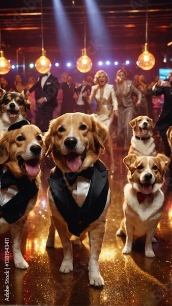Obraz Funny Dogs in Costumes Enjoying a Party Indoors
