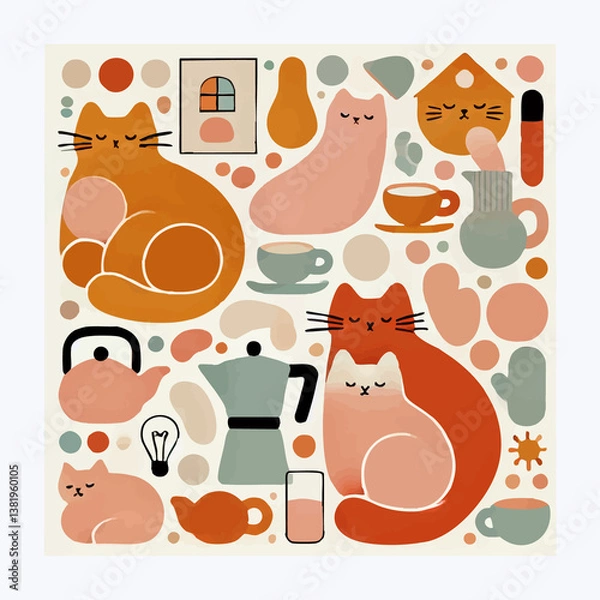Fototapeta A cozy minimalist collage series featuring cats in various household settings, illustrated with simple organic shapes and a flat pastel color palette in soft orange, green, beige, and pink tones.