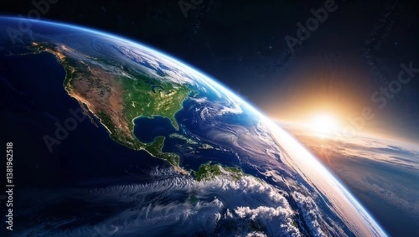 Fototapeta Earth and Stars: A Celestial Symphony A breathtaking view of Earth from space, showcasing its vibrant blue oceans, lush green continents, and swirling white clouds. 