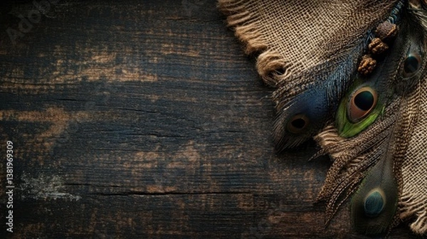 Fototapeta Peacock feathers on rustic burlap, dark wooden background