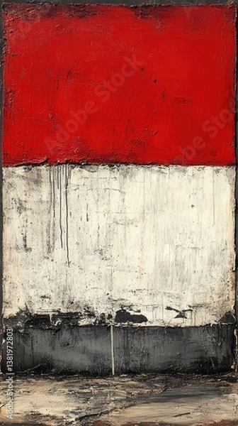 Fototapeta Abstract painting with bold red, white, and grey vertical stripes. Textural layers and drips