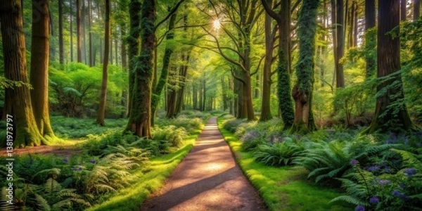 Fototapeta Sunlit Pathway Winding Through a Lush Green Forest with Ferns and Blooming Flowers