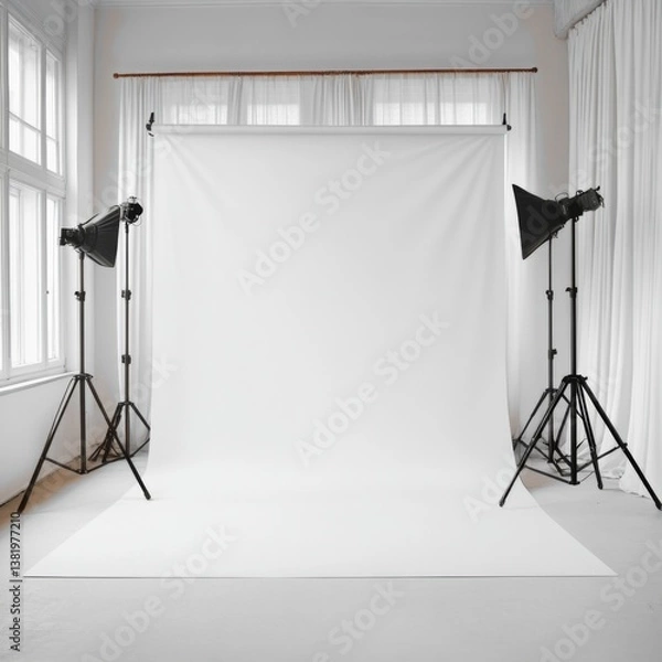Fototapeta Professional photography studio setup with lighting equipment and white backdrop