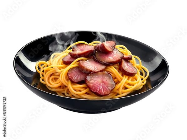 Fototapeta A steaming bowl of spaghetti with meat, presented in a black dish, perfect for food promotions. Generative AI