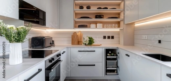 Fototapeta A small efficient kitchen with open shelving compact appliances and a pull out pantry. Tiny kitchen clever storage.